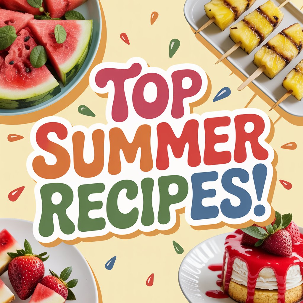 Colorful text saying “Top Summer Recipes!” overlaid on a vibrant collage of delicious summer dishes like fresh salads, grilled skewers, fruit bowls, and refreshing drinks.